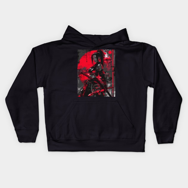 Red Japanese Samurai Girl Kids Hoodie by Vlaa